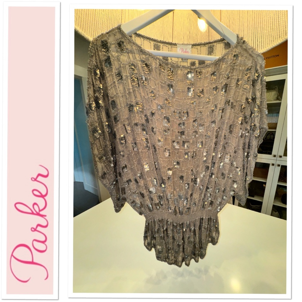 Parker semi-sheer embellished draped silk top